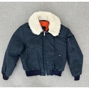Golden Fleece Bomber Jacket Mens 42 Blue Faux Fur Collar Nylon Military
